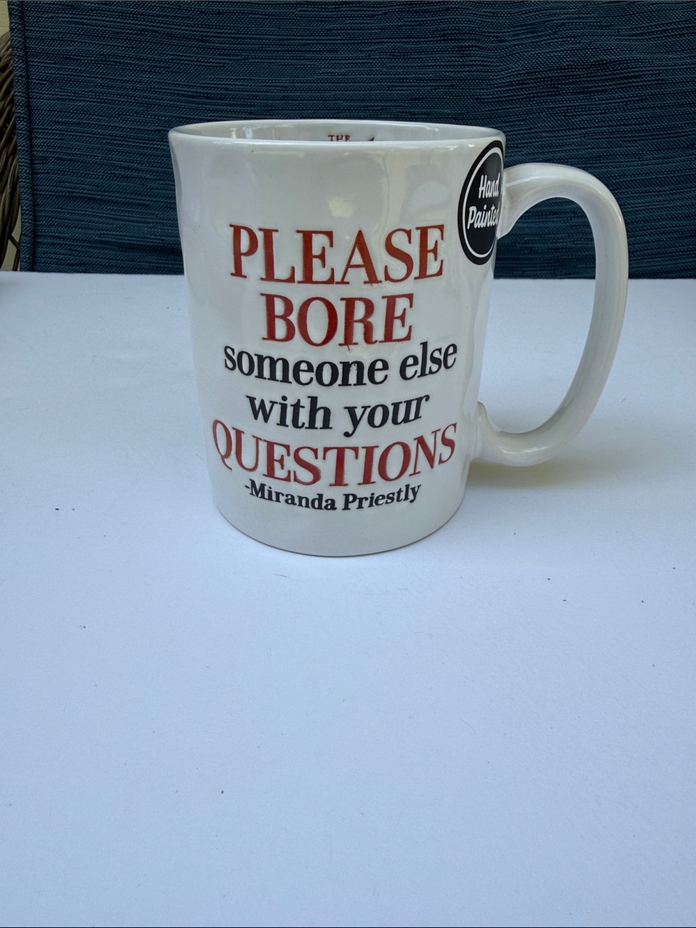 White Ceramic Mug with Red & Black Quote — Miranda Priestly